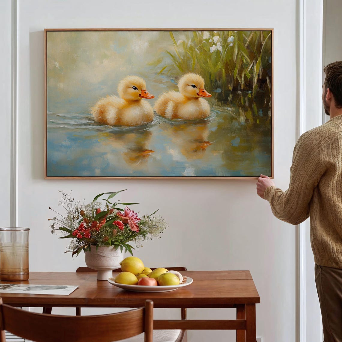 Two Yellow Ducklings Swimming In Pond With Reeds Cute Painting Poster - Image 4