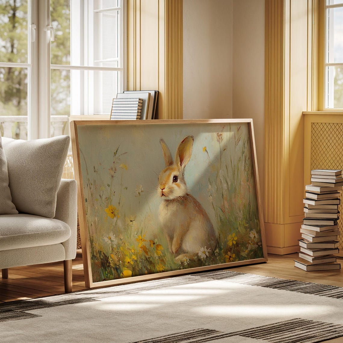 Adorable Bunny Rabbit In Wildflower Meadow Pastel Spring Wall Art - Image 6