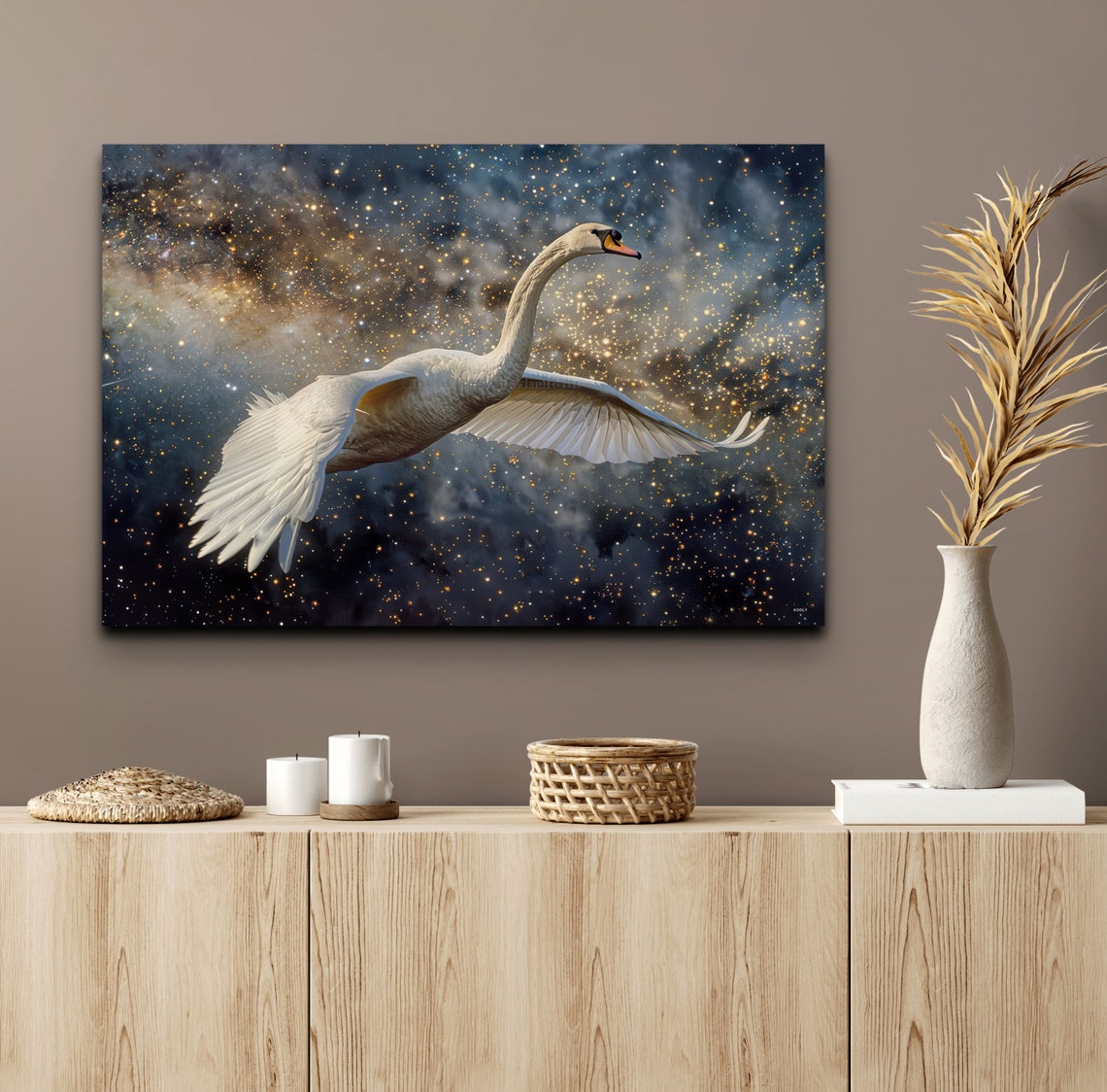 White Swan Flying Starry Night Sky Golden Stars Wildlife Wall Art