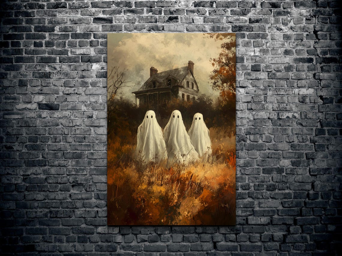 Three Cute Ghost Friends Haunted House Vintage Halloween Poster - Image 2