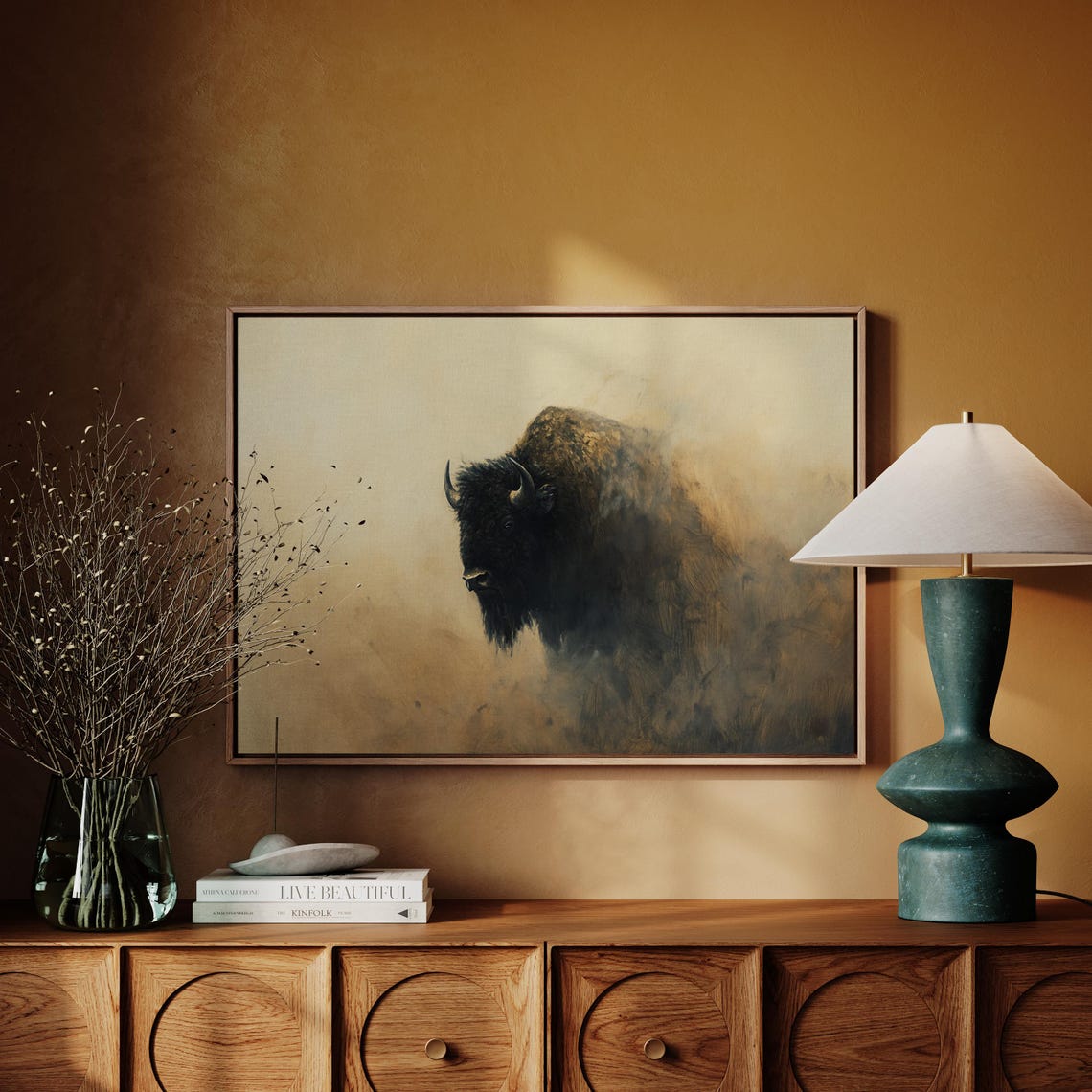 Misty Bison Emerging From Fog Dark Buffalo Painting Wall Poster