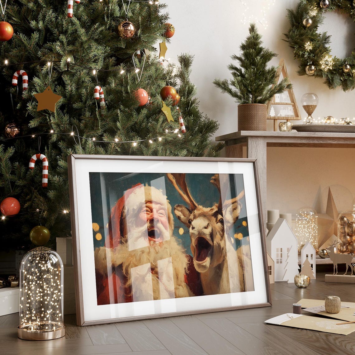 Laughing Santa and Reindeer Funny Holiday Cheer Painting Poster