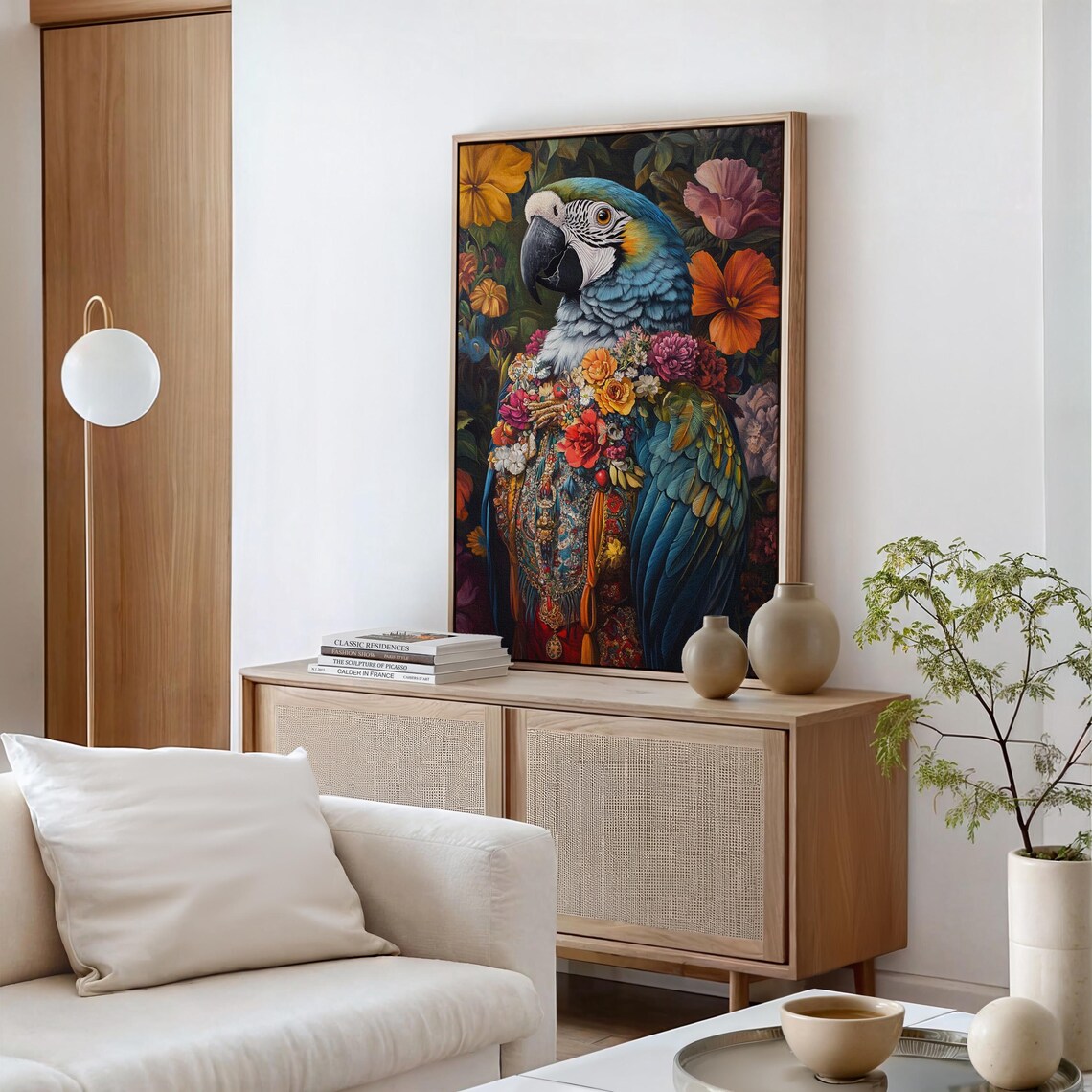 Vibrant Blue and Gold Macaw in Floral Garb Tropical Portrait Poster - Image 5