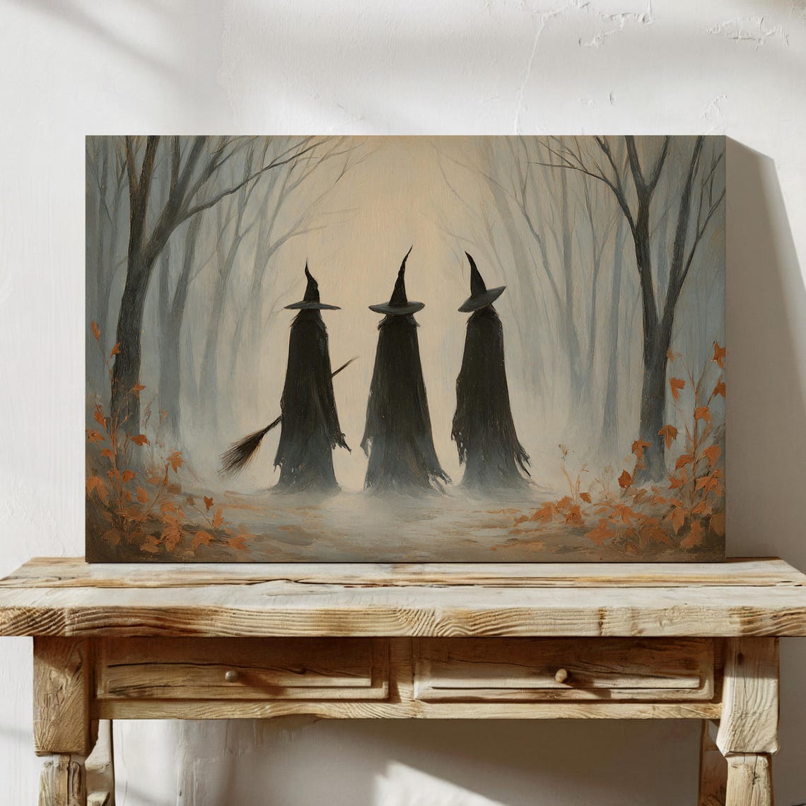 Three Witches Walking Through Misty Forest With Brooms Poster