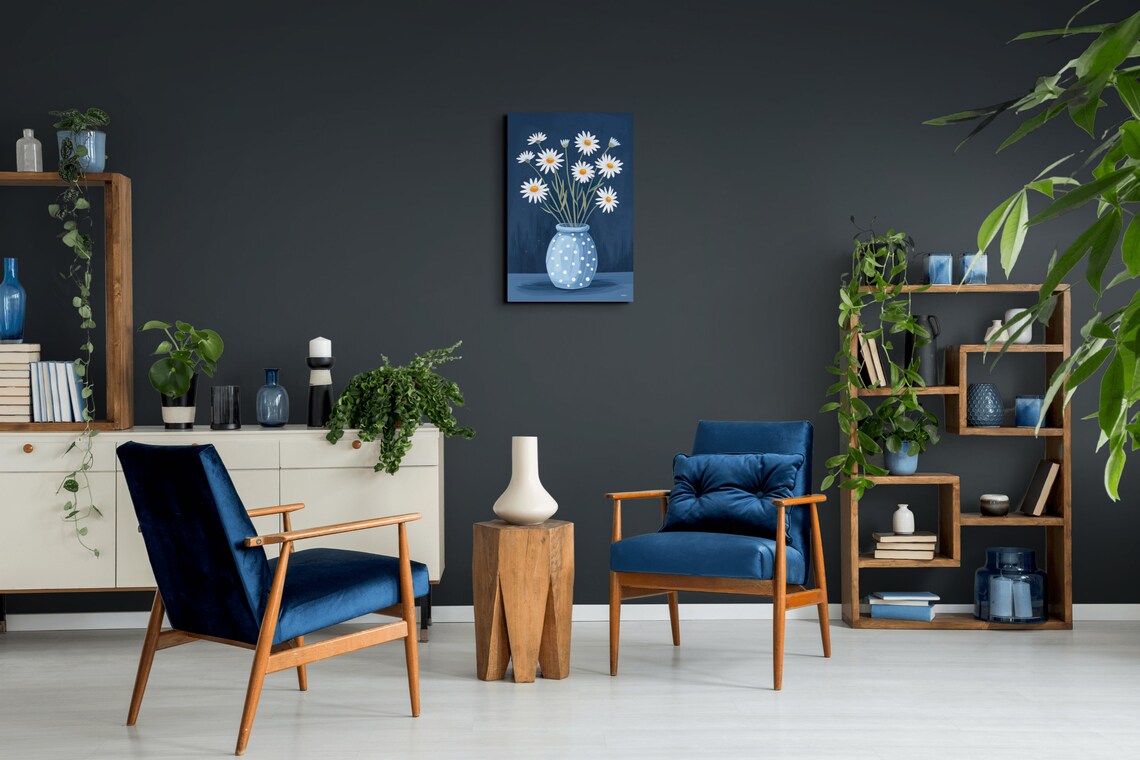 Chamomile Flowers In A Blue Vase, Minimalist Pop Art - Image 7