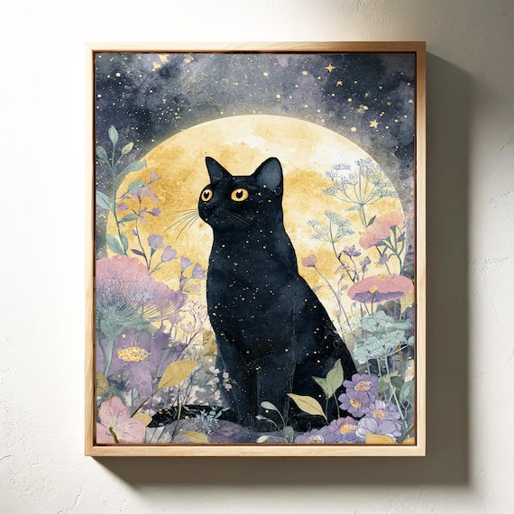 Mystical Black Cat Under Golden Moon