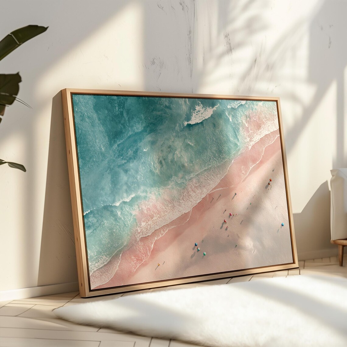Aerial View of Pink Sand Beach, Ocean Art Print