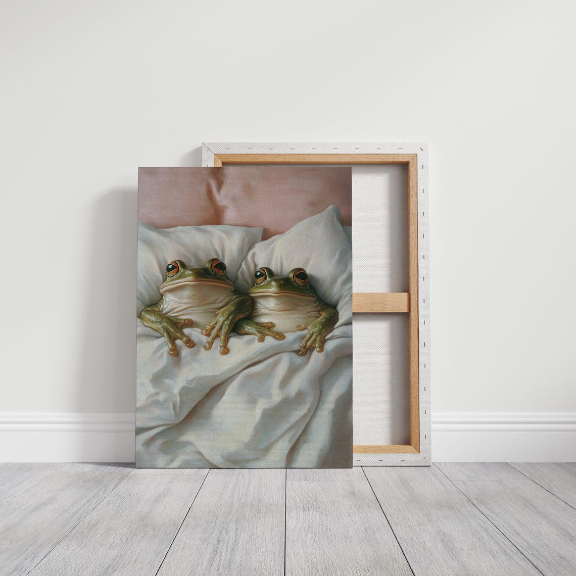 Cozy Frog Pair Snuggled In White Bed Quirky Cute Animal Poster - Image 3