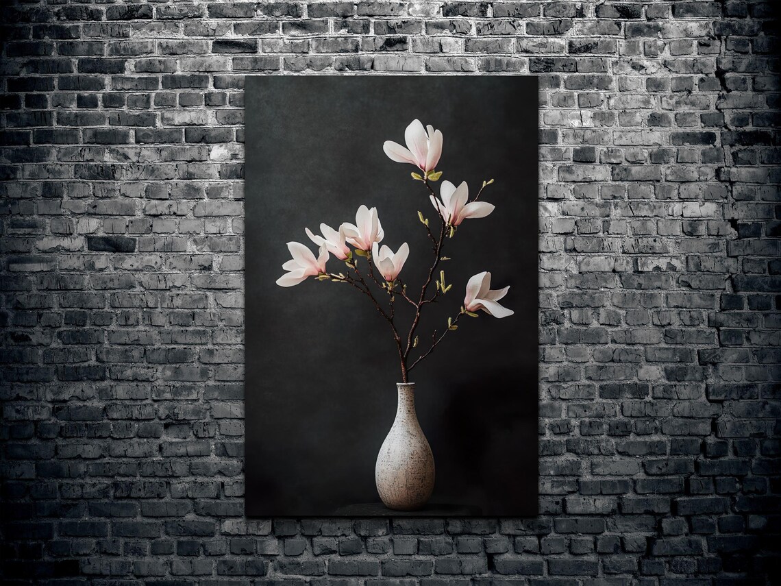 White Magnolia Blossom Vase Dark Background Botanical Poster - Image 2