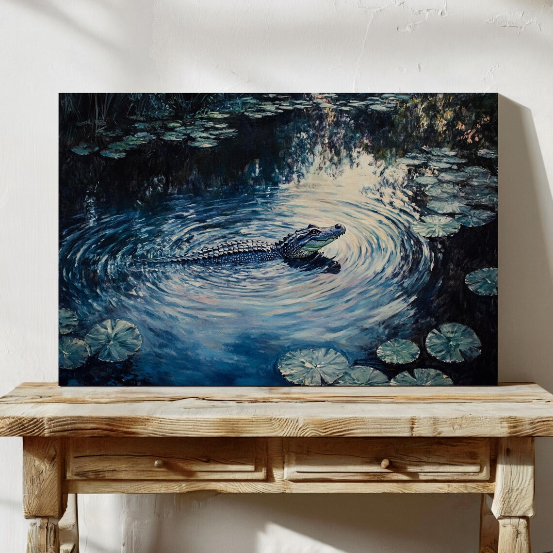 Alligator Swimming in Moonlit Lily Pond Dark Blue Swamp Poster