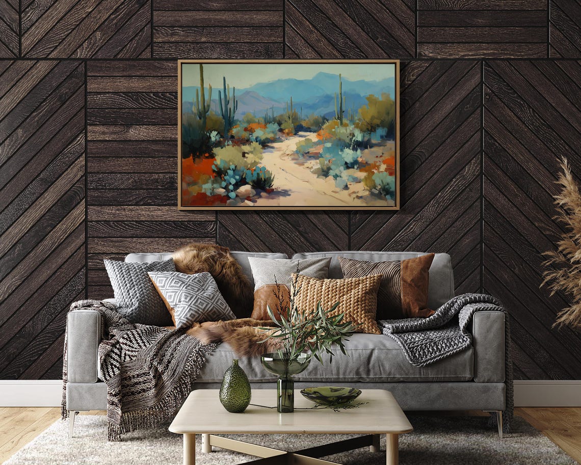 Colorful Desert Pathway With Cactus And Mountains Landscape Wall Art