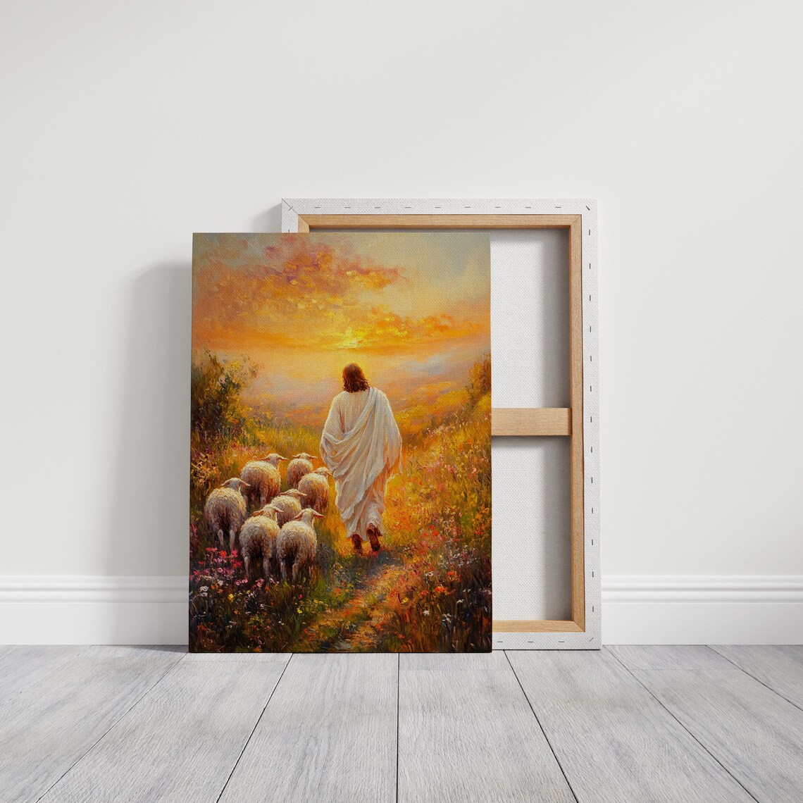 Jesus Leading His Flock Through a Wildflower Meadow at Golden Sunset Poster - Image 6