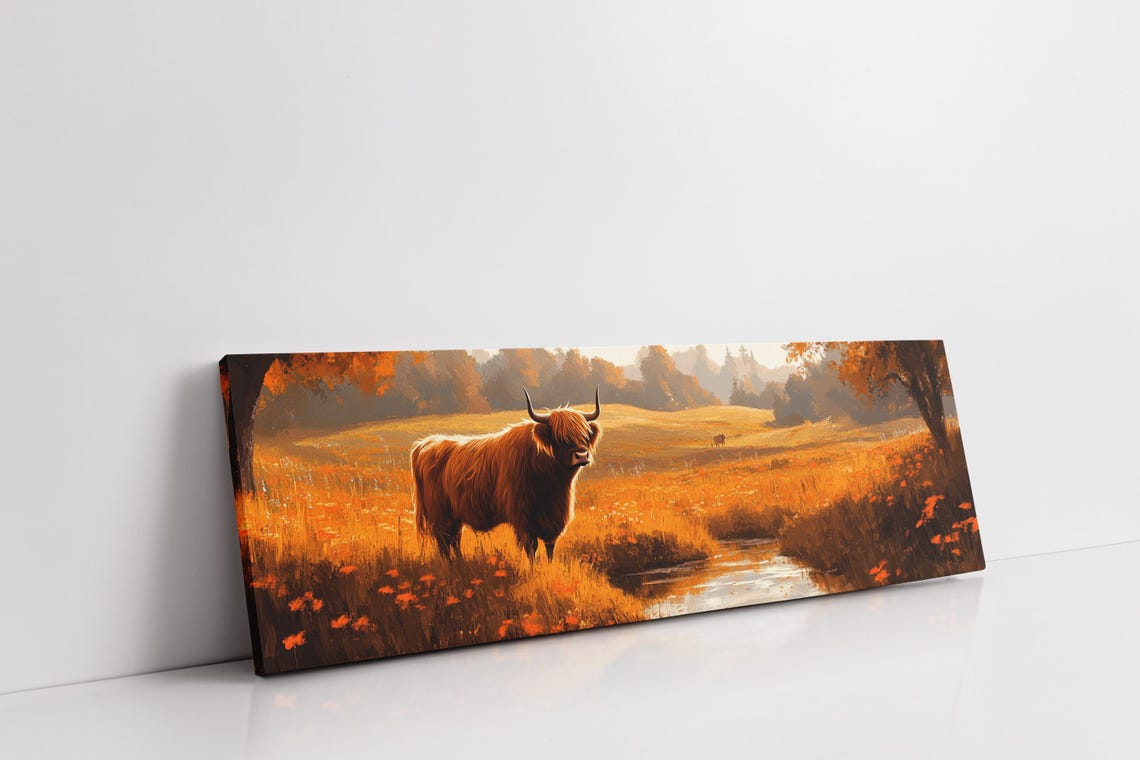 Highland Cow Autumn Meadow River Rustic Farmhouse Landscape Poster - Image 7