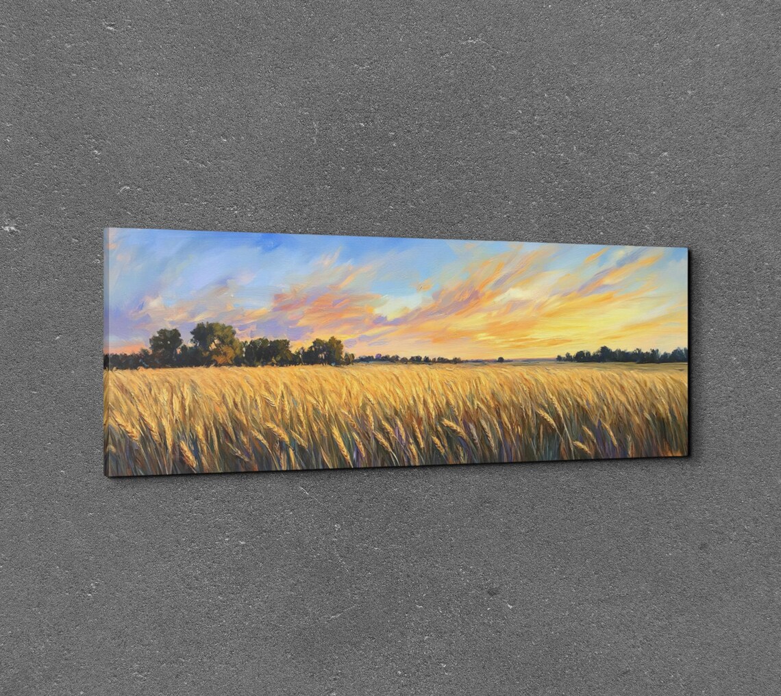 Serene Wheat Landscape, Tranquil Panorama Art - Image 7