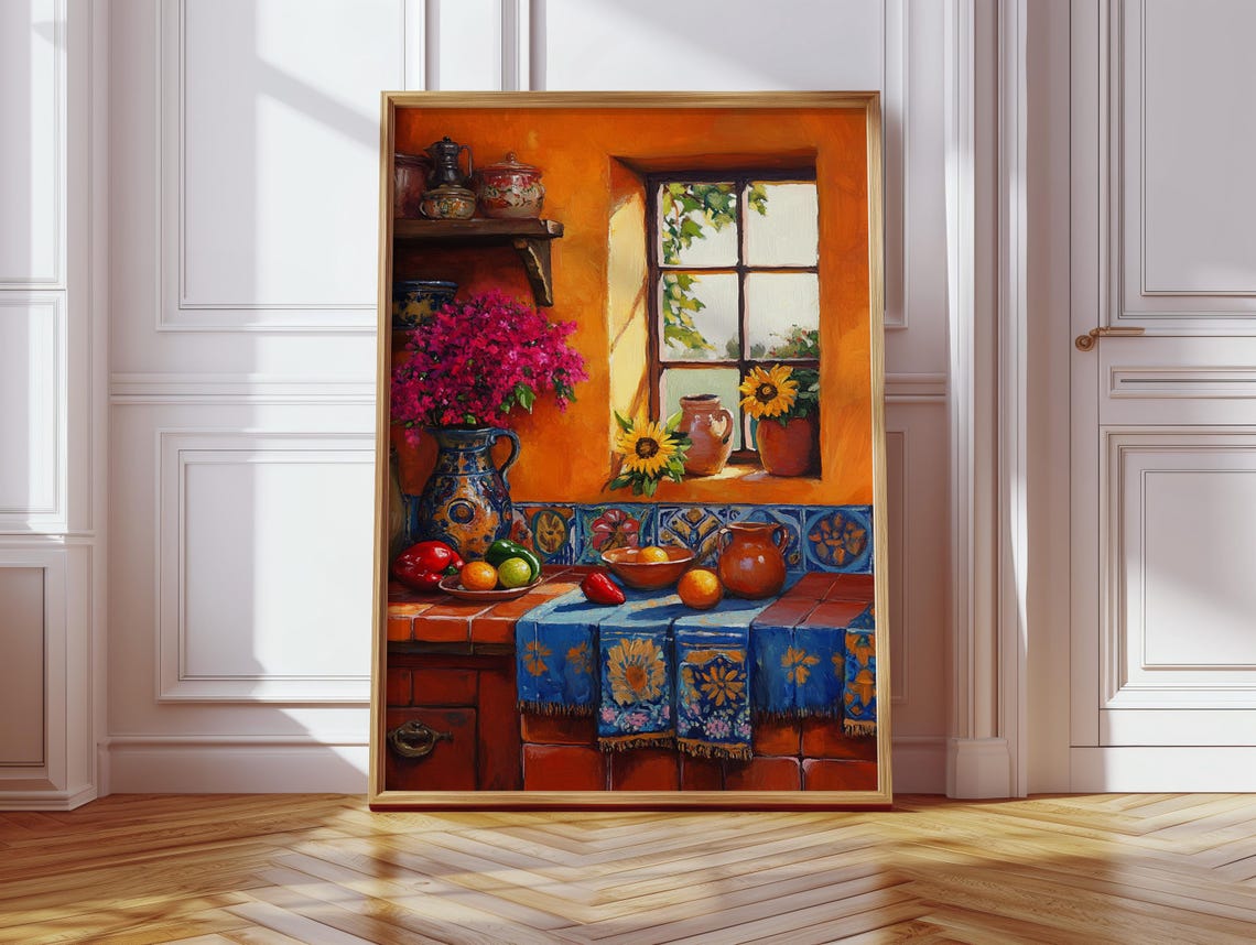 Mexican Kitchen Still Life With Sunflowers And Talavera Tiles Poster