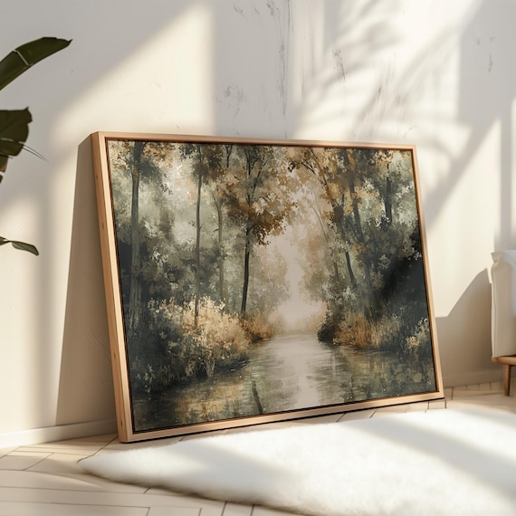 Tranquil Forest River Art Print, Rustic Nature Scene