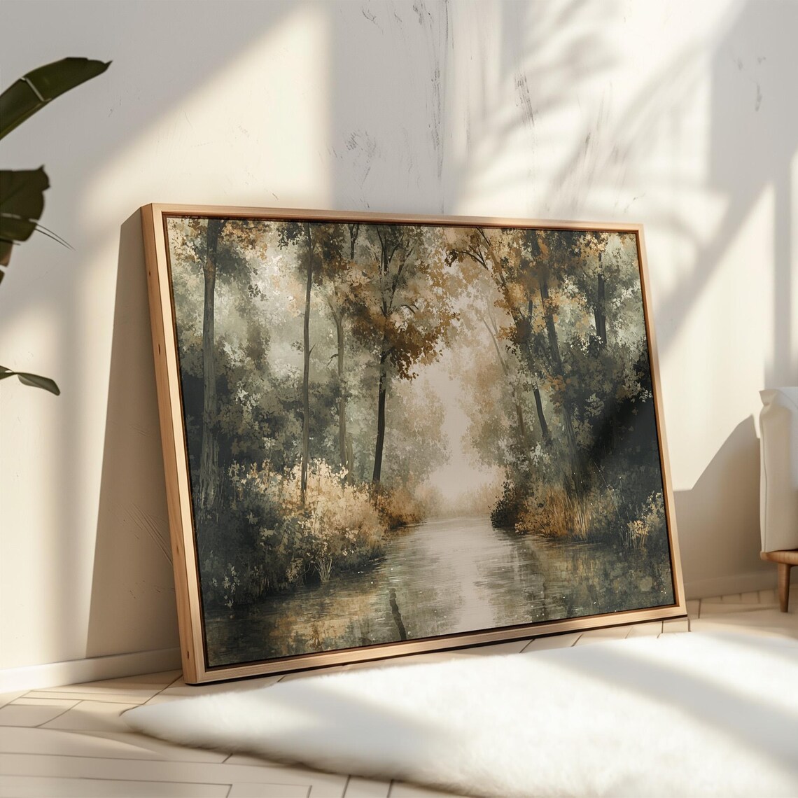 Tranquil Forest River Art Print, Rustic Nature Scene