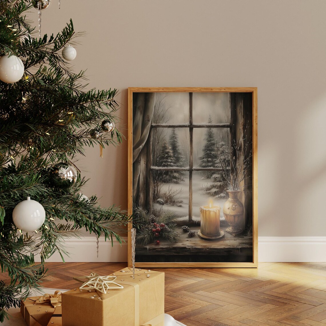 Candle In Winter Window, Cozy Christmas Scene Art Print