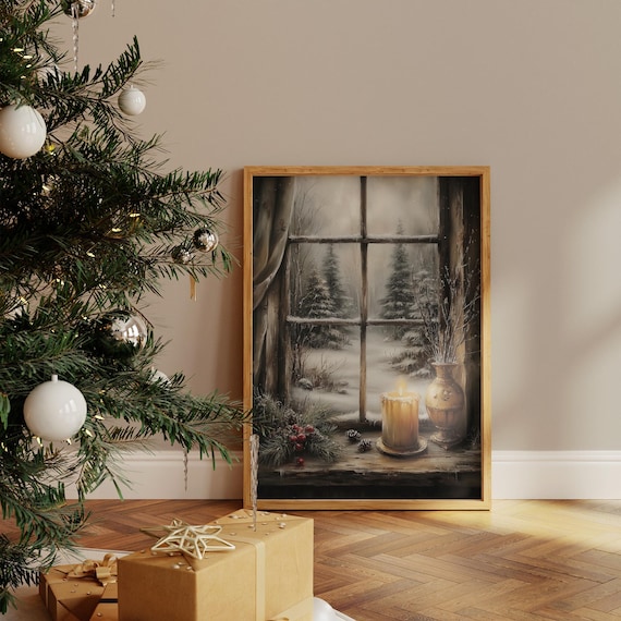 Candle In Winter Window, Cozy Christmas Scene Art Print