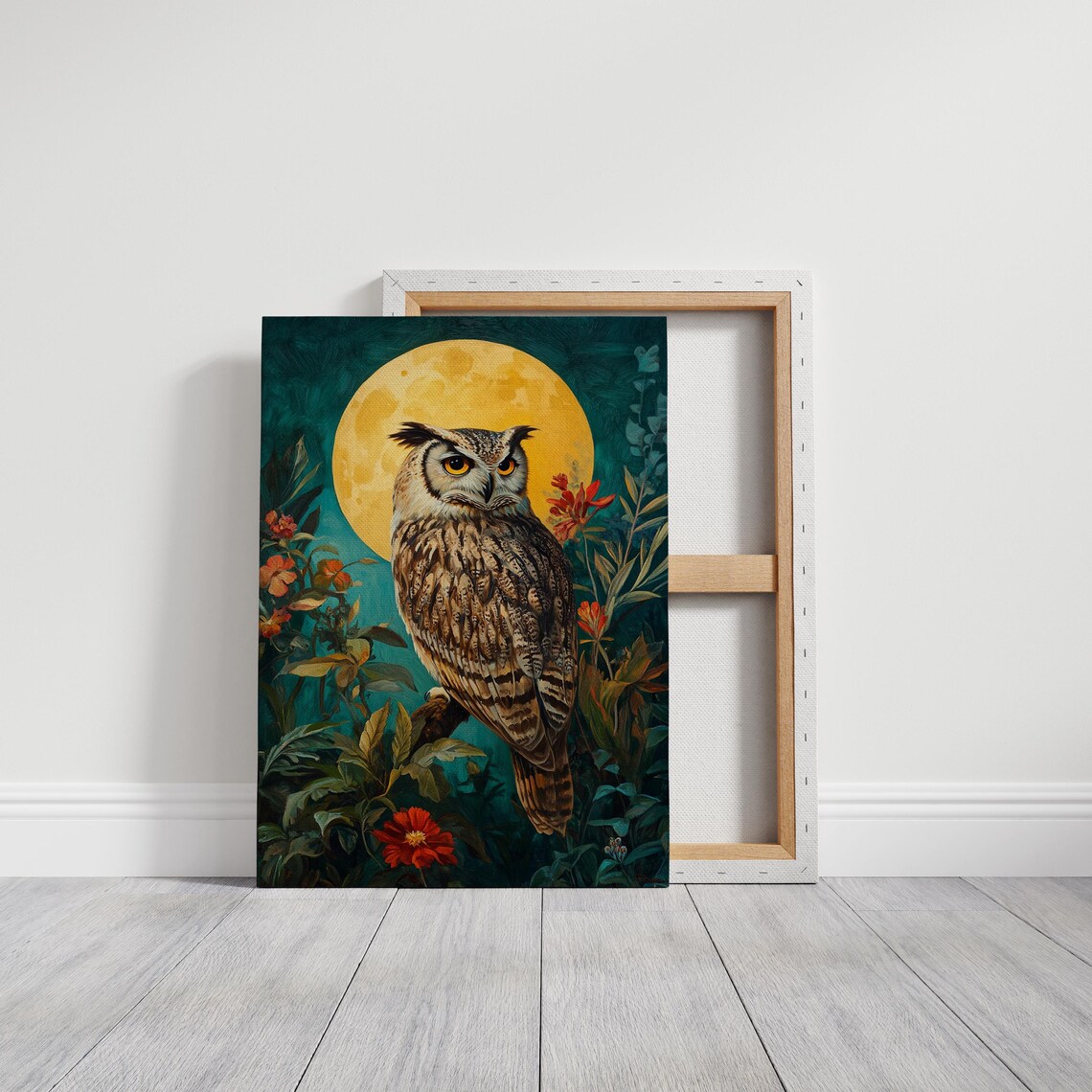 Majestic Great Horned Owl Golden Full Moon Teal Floral Night Poster - Image 3
