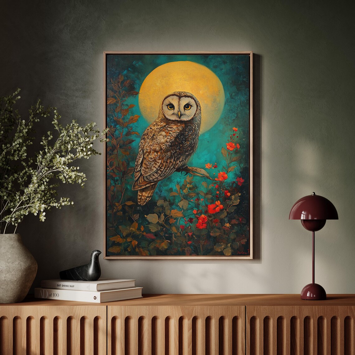 Bohemian Barn Owl Golden Full Moon Teal Red Flowers Woodland Poster - Image 7