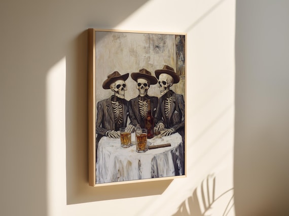 Three Skeletons In Suits Drinking Whiskey Vintage Spooky Poster