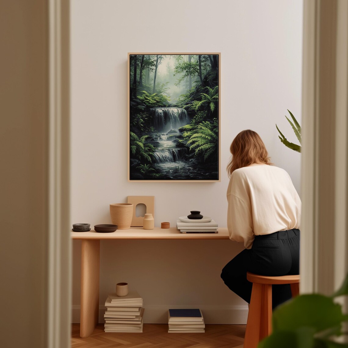 Tranquil Forest Waterfall Wall Art Serene Nature Scene With Lush Greenery For Relaxing Home Or Office Decor - Image 2