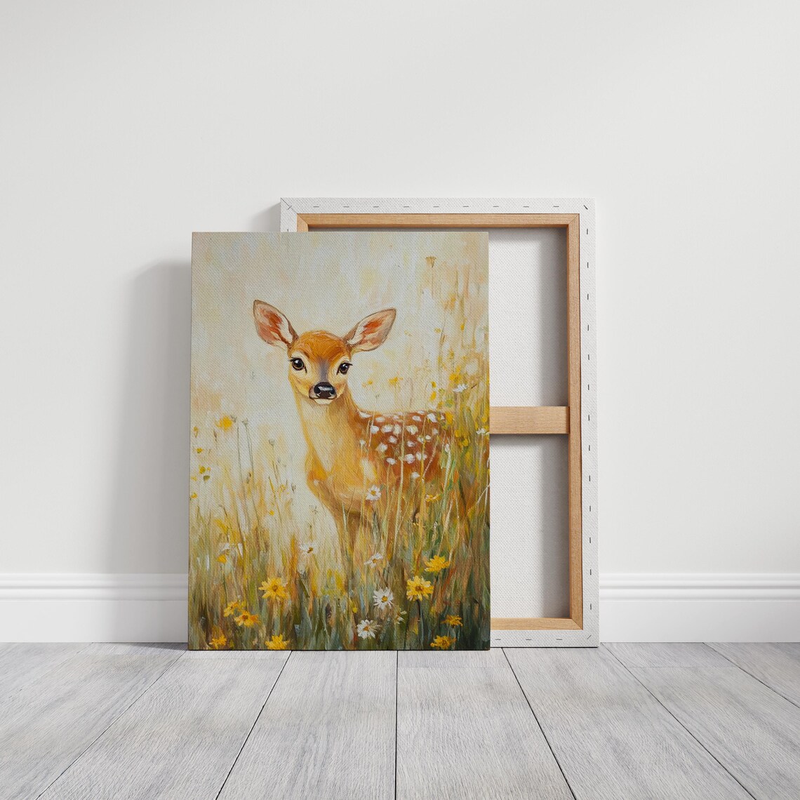 Baby Deer in Wildflower Meadow, Rustic Painting - Image 3