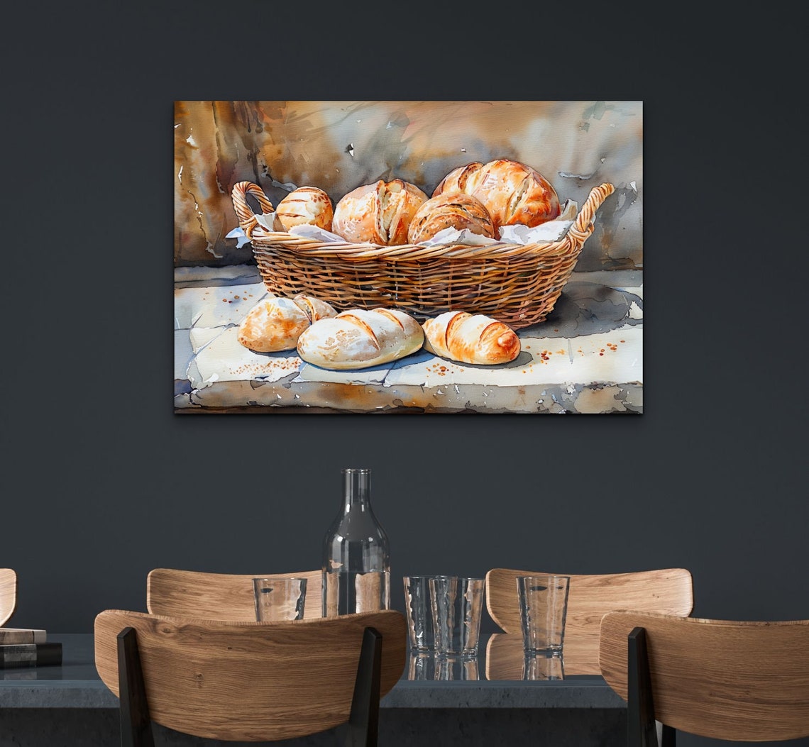 Fresh Bread Rolls in a Wicker Basket Watercolor Kitchen Poster - Image 5