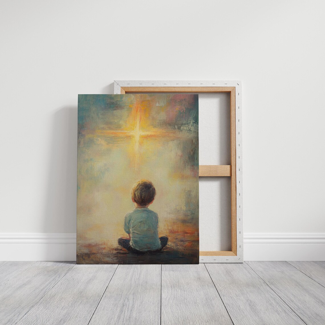 Child Gazing at a Radiant Cross Shining in a Golden Sky Poster - Image 6