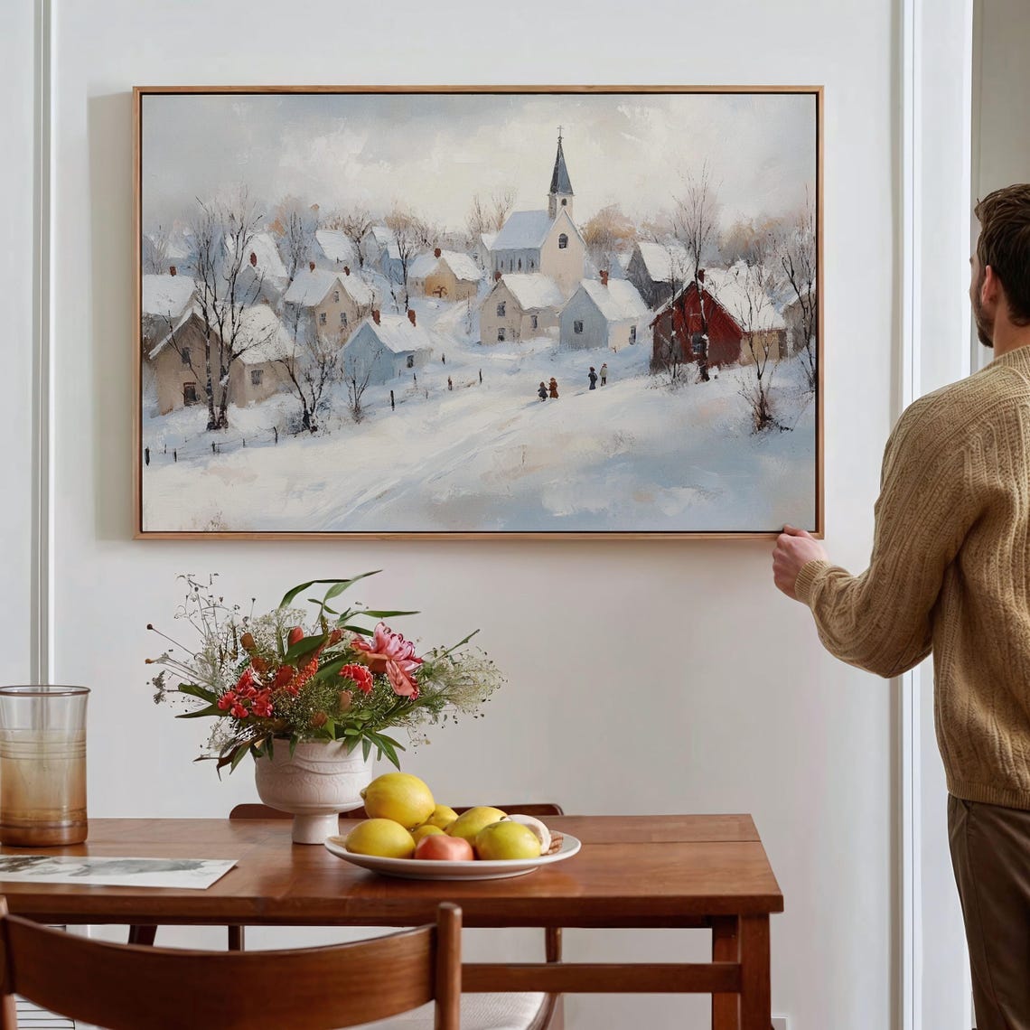 Snowy Village Church Steeple Winter Landscape Rustic Wall Art - Image 4