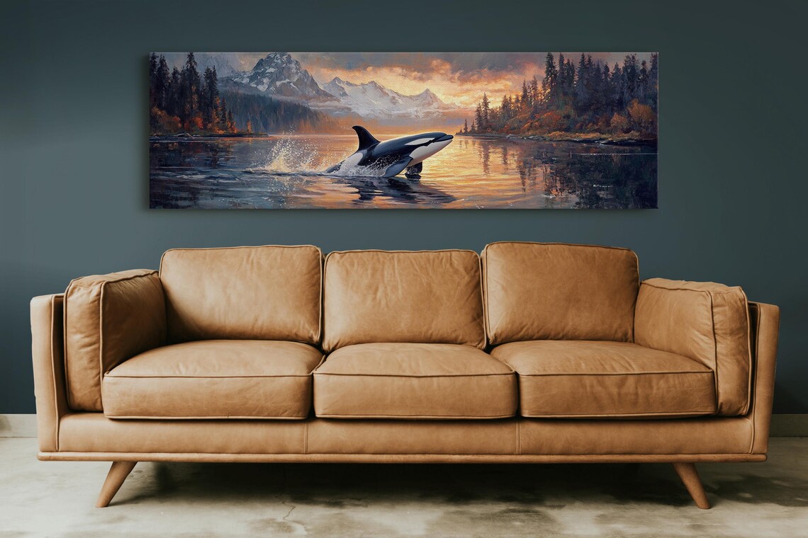 Orca Whale Jumping at Sunset, Ocean Scene Art Print