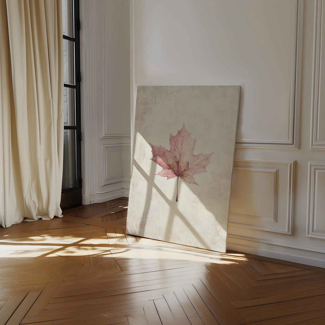 Single Blush Pink Maple Leaf On Textured Beige Autumn Wall Art - Image 7