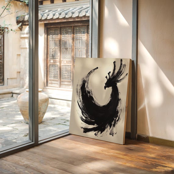 Abstract Black Bird Brush Painting Modern Ink Animal Wall Art