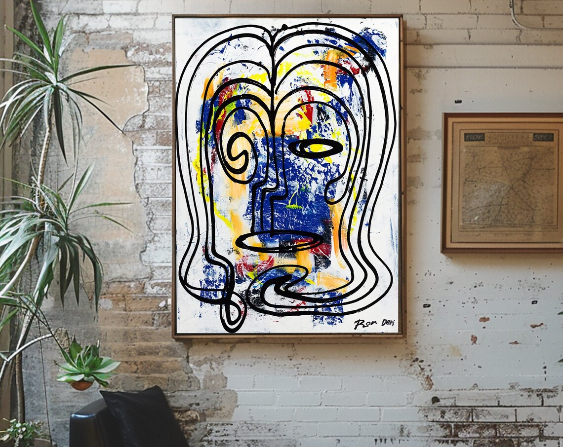 Black Line Face on White with Blue Yellow Splashes Vertical Poster