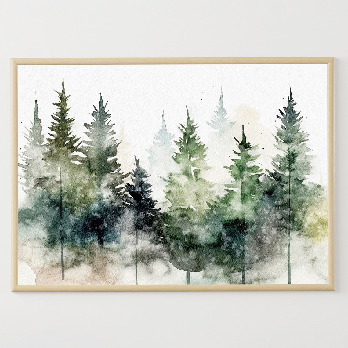 Pine Forest Watercolor Art Print, Foggy Evergreens