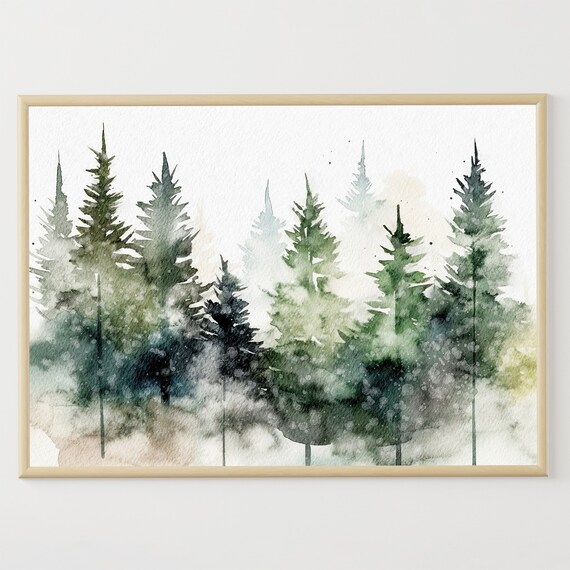 Pine Forest Watercolor Art Print, Foggy Evergreens