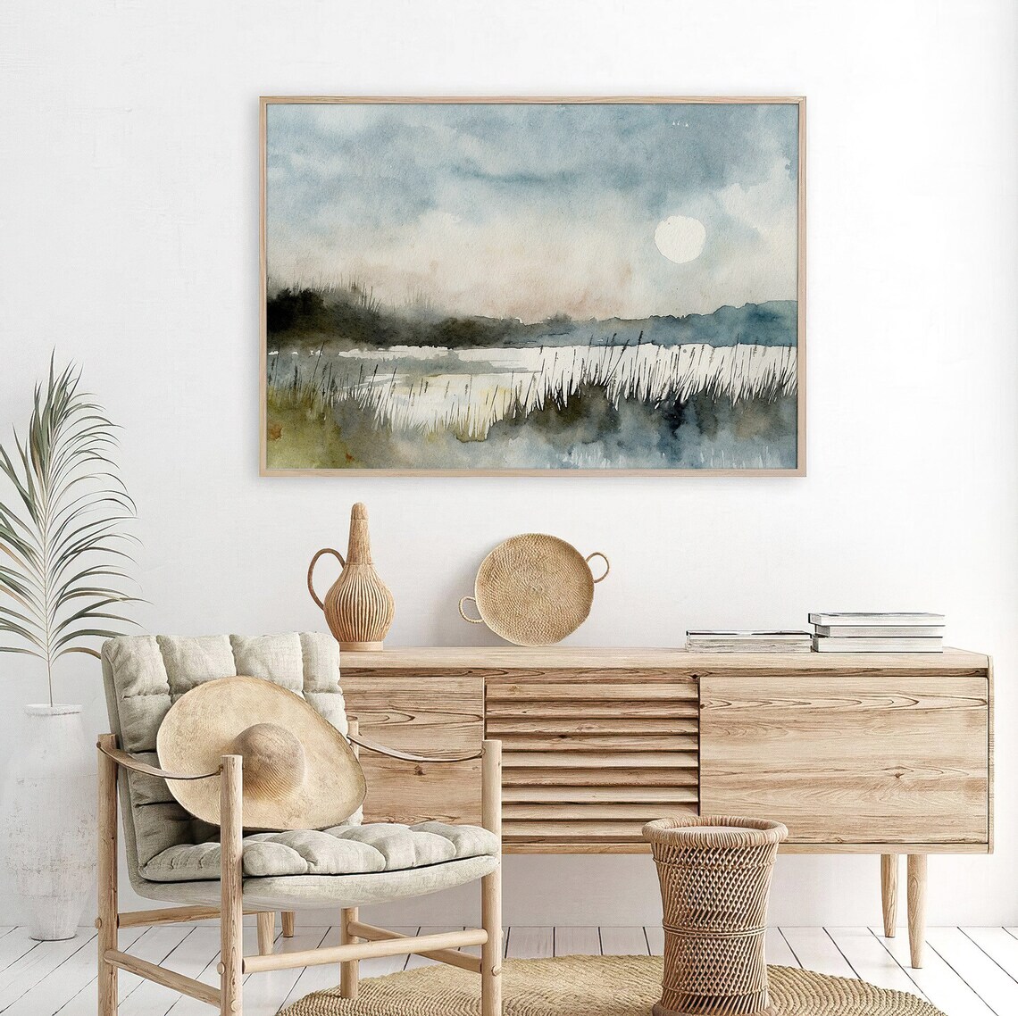 Moonlit Lake Night Watercolor Full Moon Reflecting Minimalist Poster - Image 4