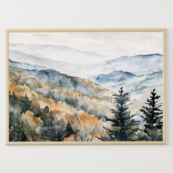 Appalachian Mountains Painting Smoky Mountains Landscape Pine Trees Watercolor Print Mountain Forest Wall Art