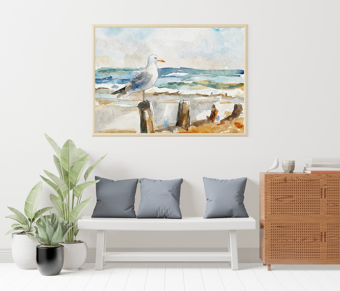 Seagull Perched on Wooden Pier Post Beach Waves Watercolor Art Print - Image 3
