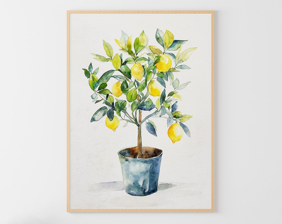 Potted Lemon Tree Bright Lemons Kitchen Botanical Watercolor Art Print