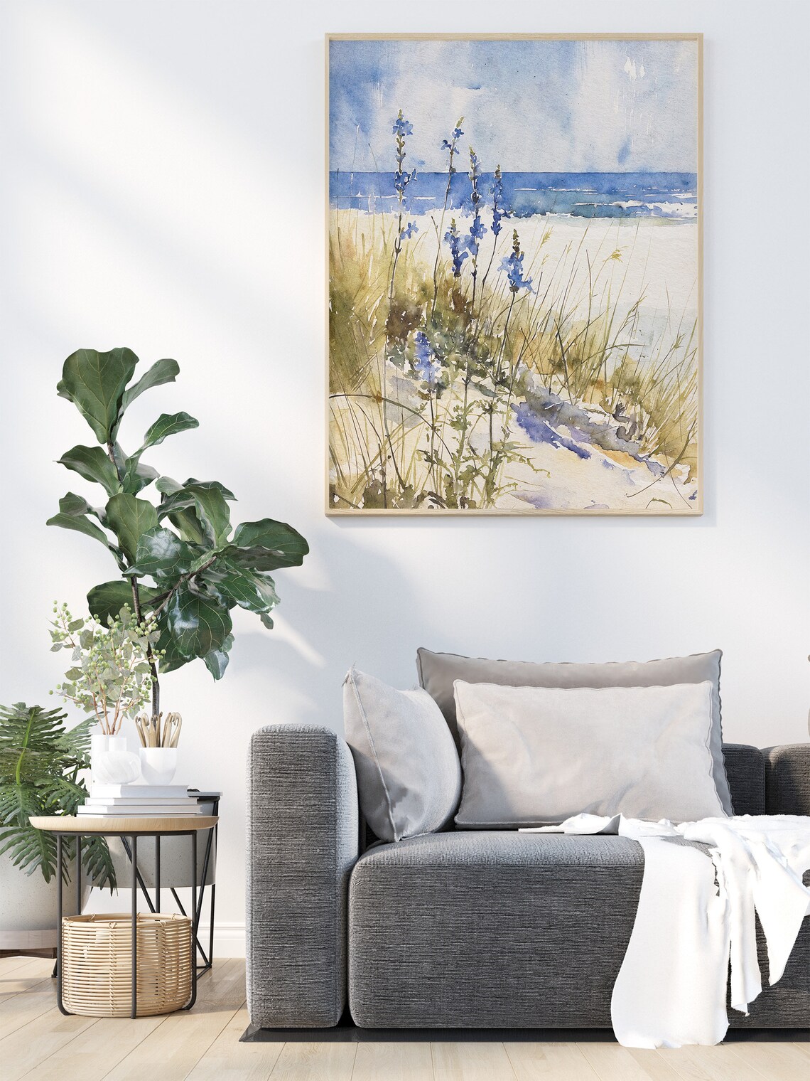 Blue Wildflowers Beach Dunes Ocean Shoreline Watercolor Coastal Poster - Image 2