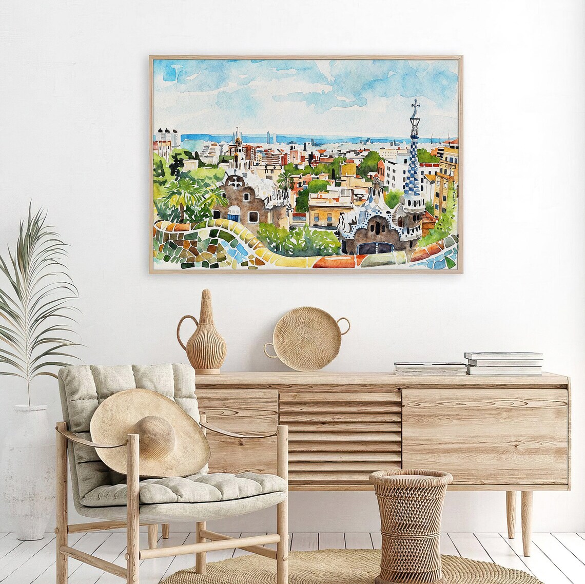 Barcelona Park Guell Mosaic Terrace Gaudi City View Watercolor Poster - Image 2