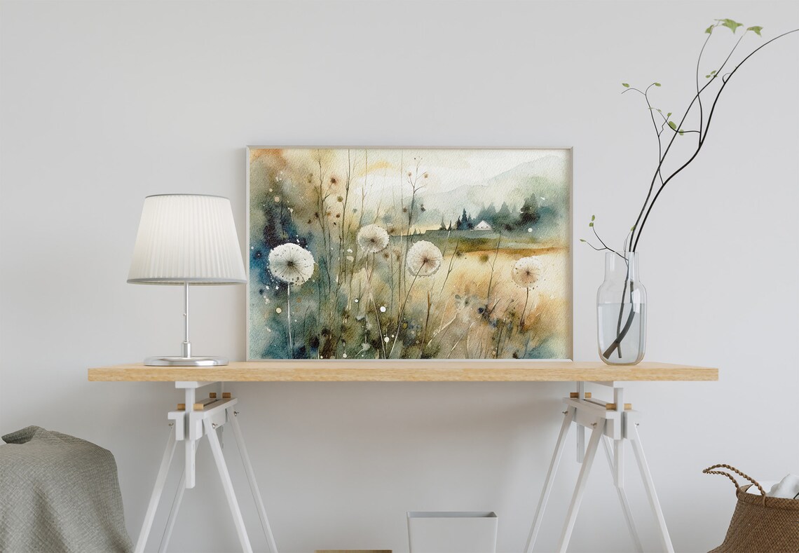 Dandelion Watercolor Countryside Farm Landscape Art Print - Image 3