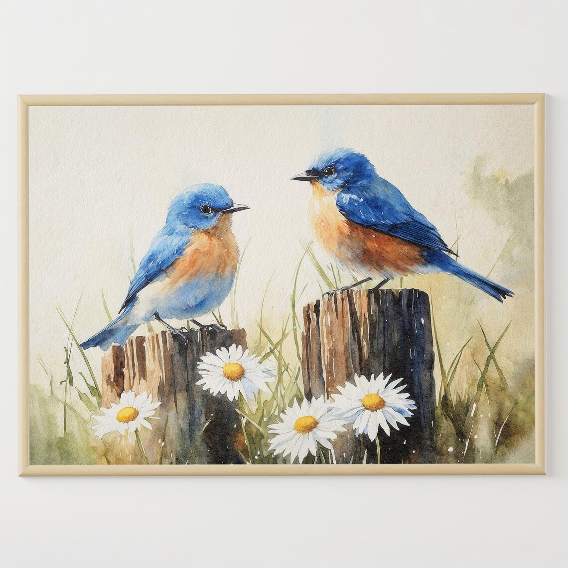 Bluebirds Watercolor Art Print, Daisy Farmhouse Wall Art