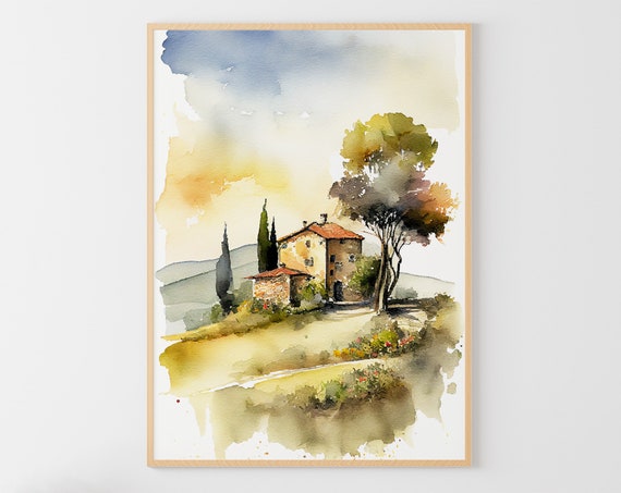 Tuscany Cottage Watercolor Landscape Art Print