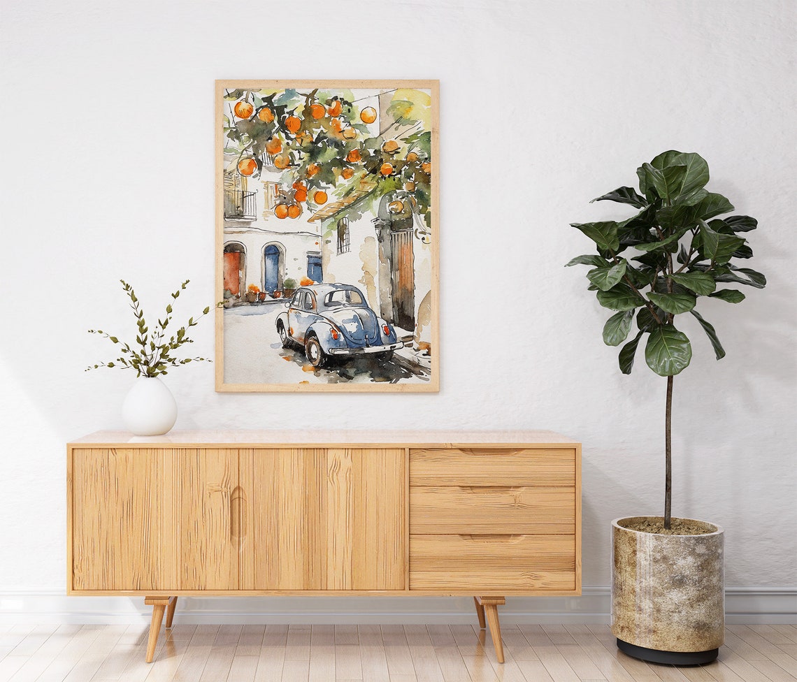Amalfi Cityscape Watercolor Fiat 500 Painting Orange Tree Art Print Italian Street Artwork Travel Wall Art - Image 3
