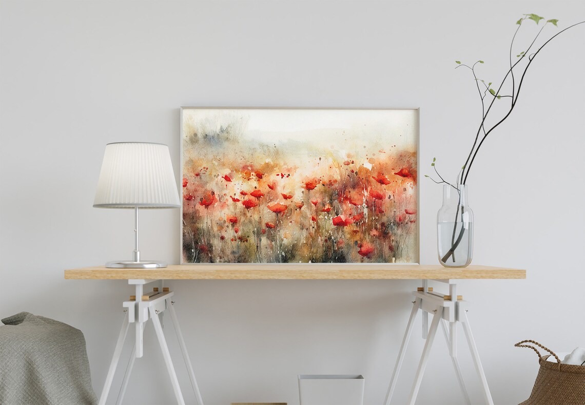Red Poppy Watercolor Meadow Floral Landscape Art Print - Image 3