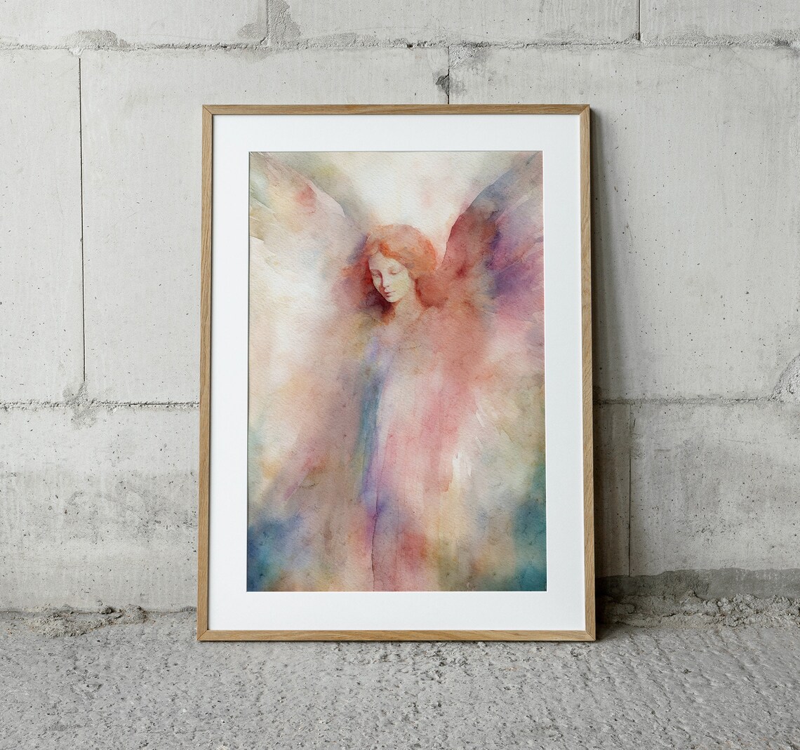 Guardian Angel Watercolor Pastel Wings Soft Abstract Spiritual Wall Art Poster - Image 2