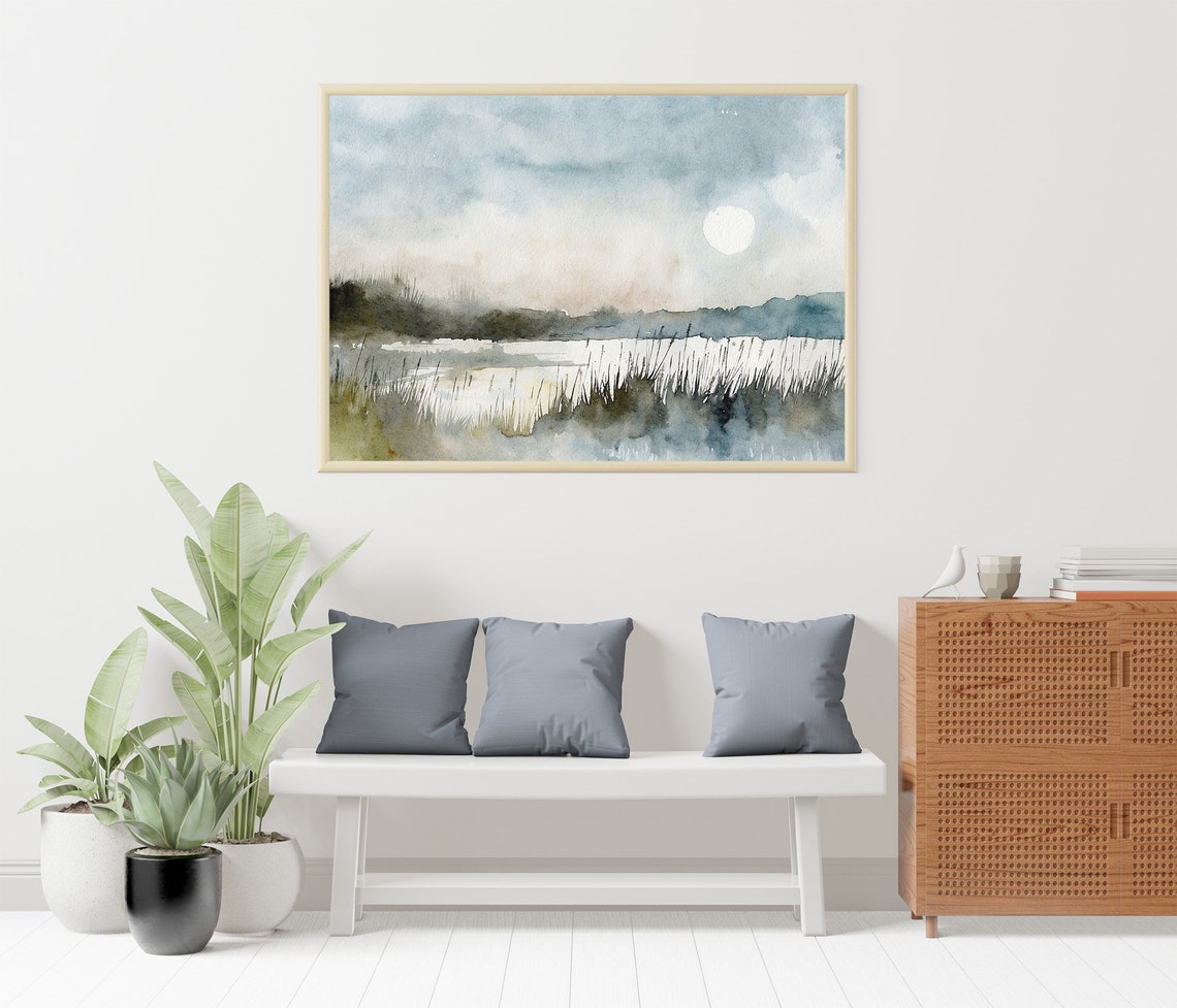 Moonlit Lake Night Watercolor Full Moon Reflecting Minimalist Poster - Image 3